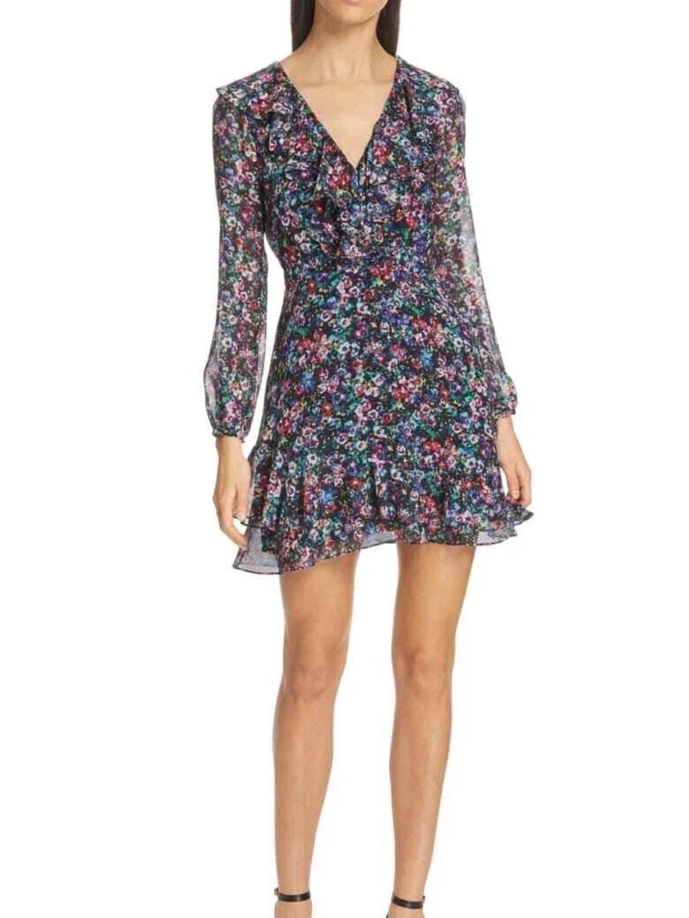 SALONI 100% silk Jodie Floral V-Neck Ruffle Hem Mini Dress - black Floral